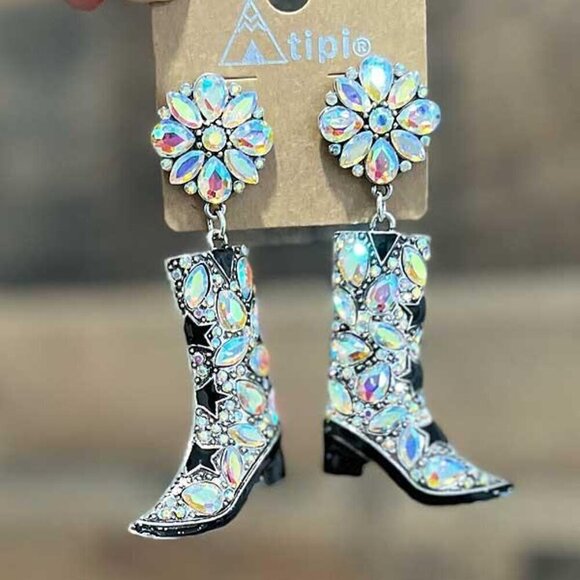 Tipi Jewelry - Western Cowboy Boot Black & White Dangle Bling Earrings